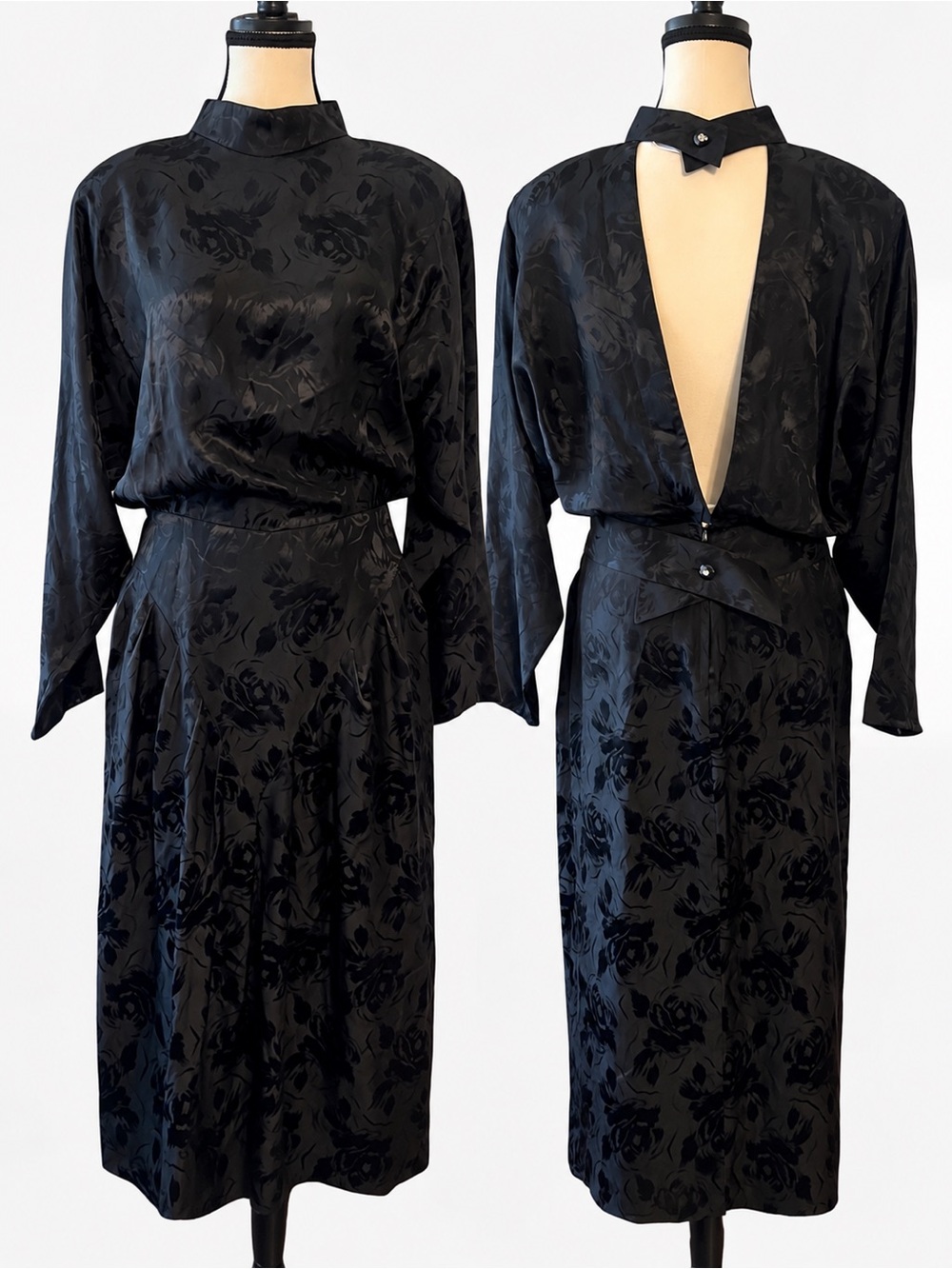 Vintage Silk Studio Black Rose Jacquard Open Back Silk Dress Size 14